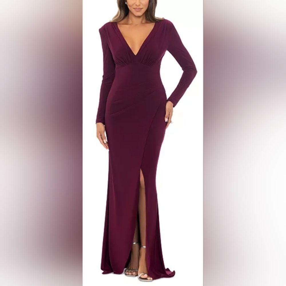 Xscape Long Deep V Ity Long Sleeve gown NWT Size 10 Wine